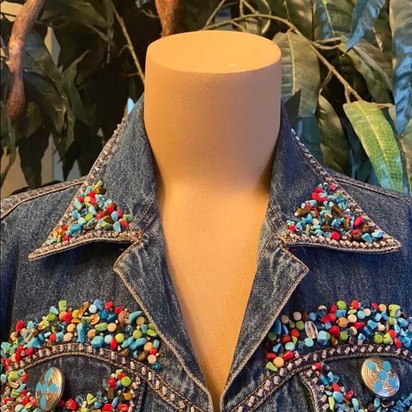 One of a kind: Turquoise Beaded jean jacket with cross on back - Picture 2 of 8